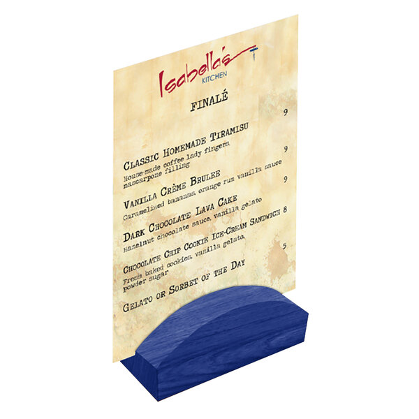 A blue wooden Menu Solutions rounded card holder on a table with a menu.
