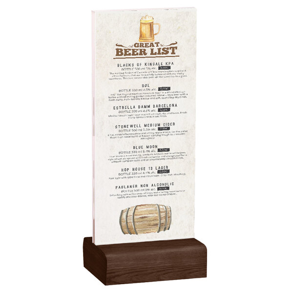 A Menu Solutions clear acrylic table tent with a solid walnut wood base holding a drink menu.