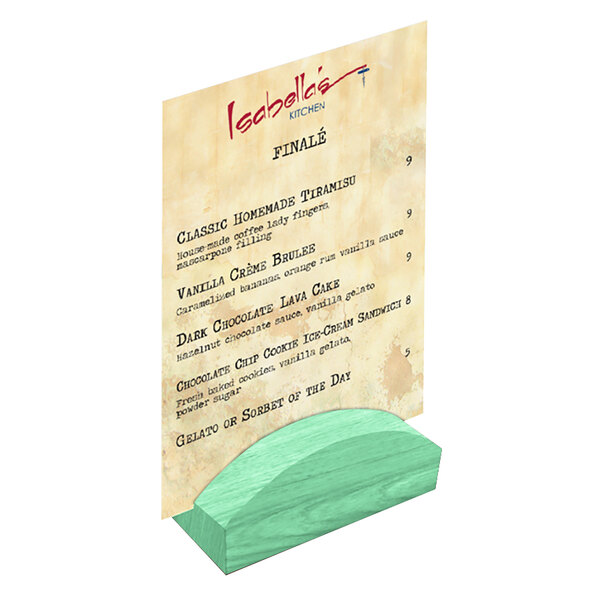 A Menu Solutions washed teal wood rounded card holder on a table with a menu.