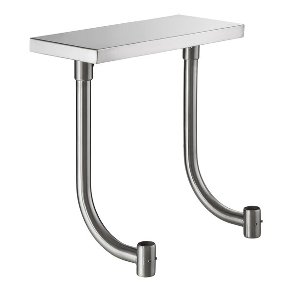A rectangular stainless steel work surface with two curved metal support legs.