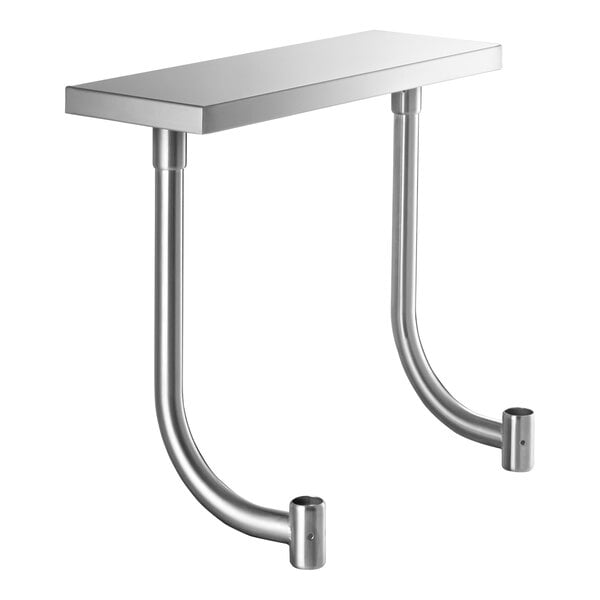 A rectangular stainless steel work surface with two curved metal support legs.