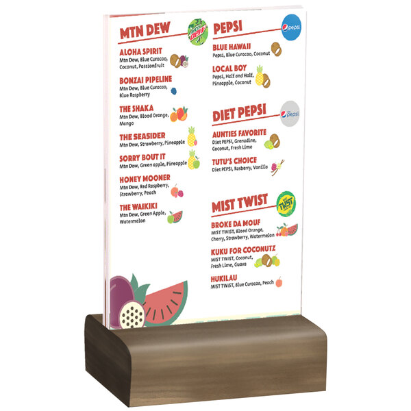 A Menu Solutions clear acrylic table tent with a solid weathered walnut wood base holding a menu.