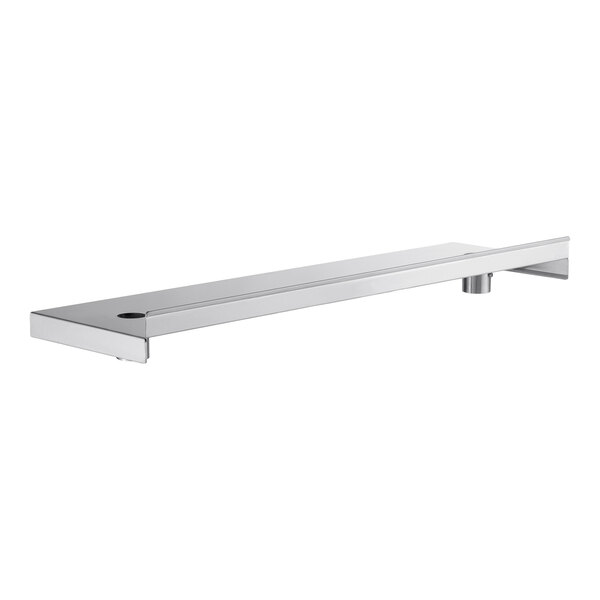 A rectangular, metallic shelf with a smooth, reflective surface and a small circular hole near one end, supported by a bracket underneath.