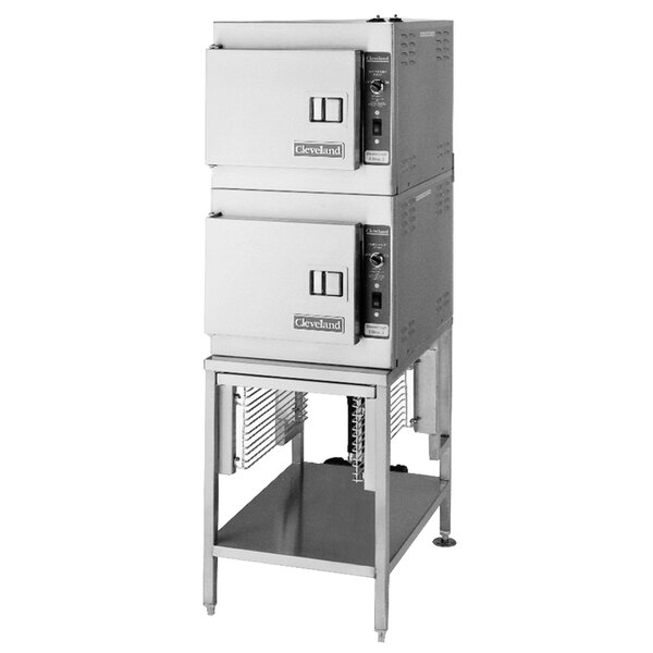 A stainless steel Cleveland countertop steamer with two drawers.