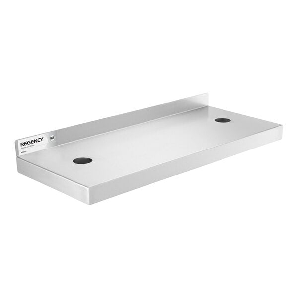 A rectangular stainless steel shelf with a raised back edge and two circular cutouts on the surface.