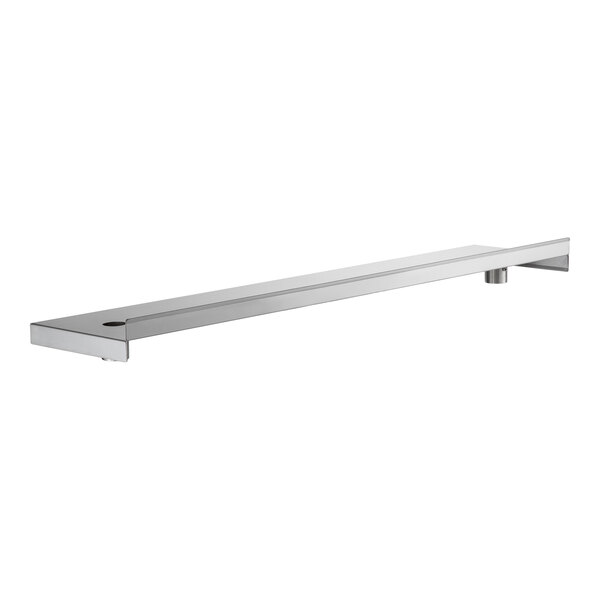 A long, rectangular, stainless steel shelf with a sleek, modern design and a small cylindrical support underneath one end.