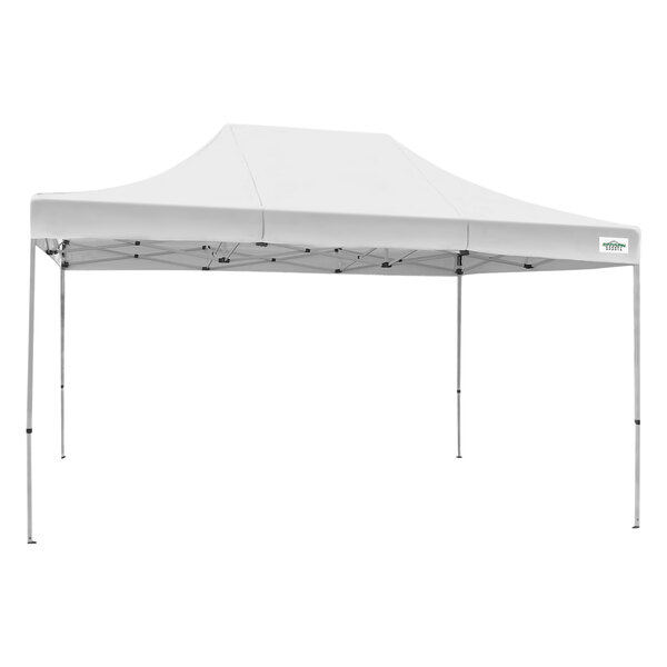 A white Caravan Canopy Magnum II tent with a black metal frame.