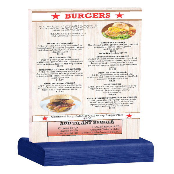 A Menu Solutions clear acrylic table tent with a blue wood base holding a menu on a table.