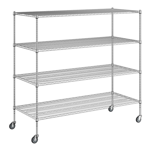 A wire shelving unit with wheels.