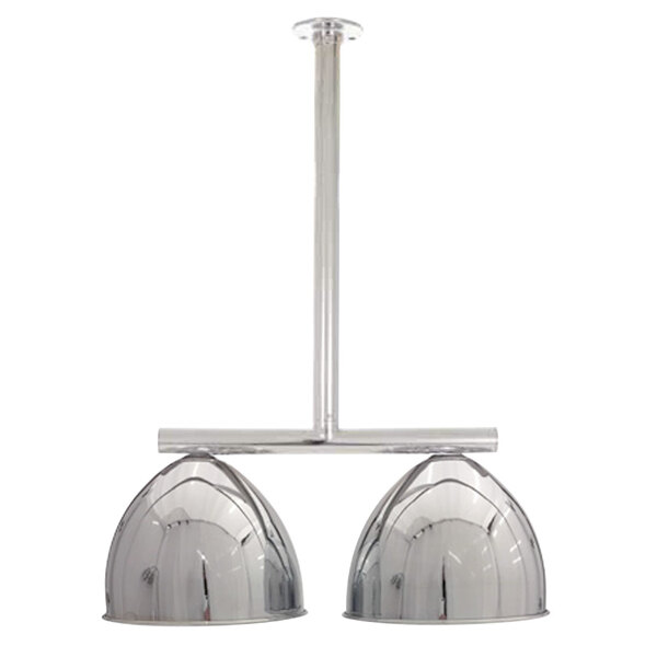 A silver ceiling mount with two Hanson Heat Lamps.