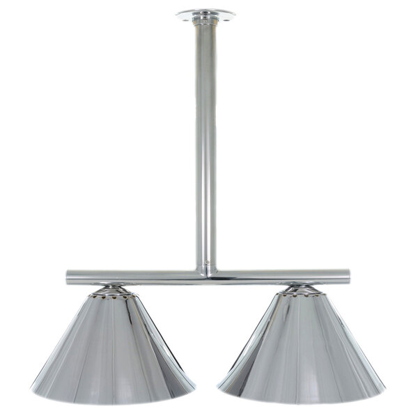 A silver metal pole ceiling mount with two Hanson Heat Lamps with a chrome finish.