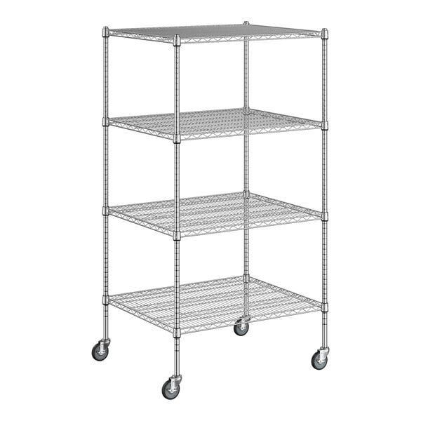 A Regency chrome wire shelving unit with four shelves and wheels.