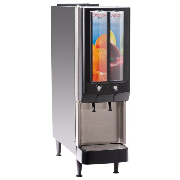 A Bunn juice dispenser with two flavors and LED graphics.