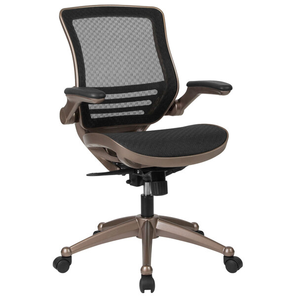 A black office chair with a metal base and gold accents.