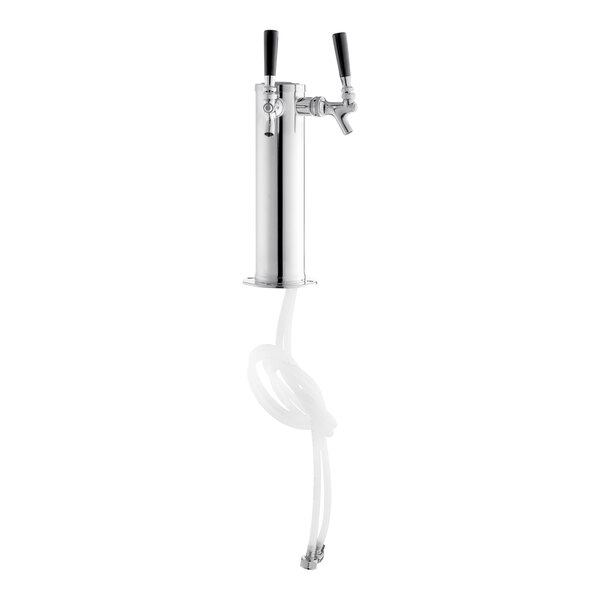 A silver metal Beverage-Air tap tower with dual black handles.