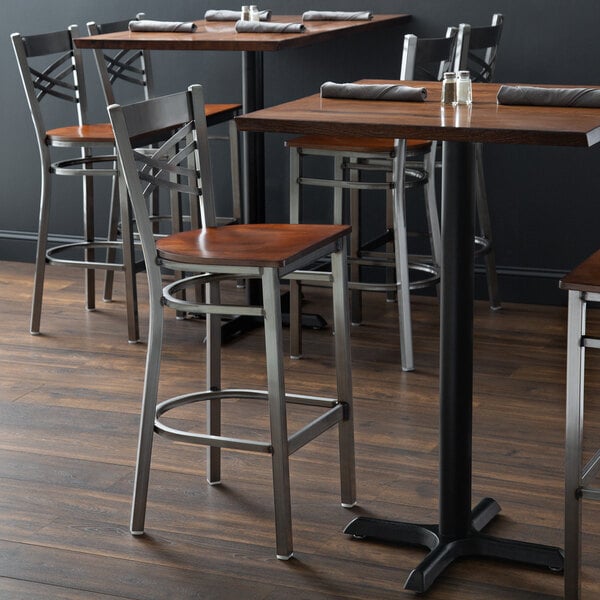 Lancaster Table & Seating Clear Coat Finish Cross Back Bar Stool with Antique Walnut Wood Seat
