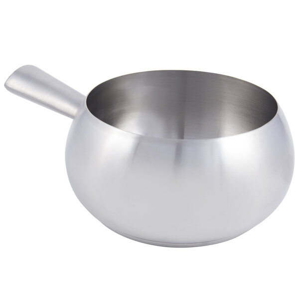 A silver stainless steel Bon Chef induction fondue pot with a handle.