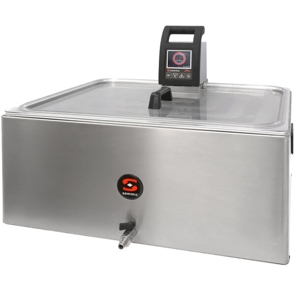A Sammic SmartVide sous-vide immersion circulator head in a large metal container with a lid.