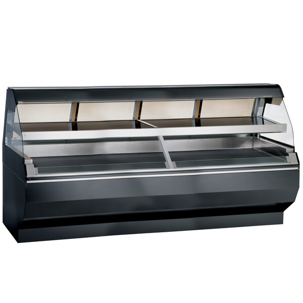 An Alto-Shaam stainless steel heated display case with two shelves and curved glass.