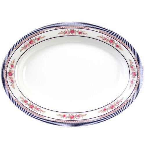 A white Thunder Group oval melamine platter with blue and pink roses.