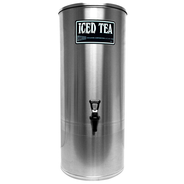 A silver stainless steel Cecilware iced tea dispenser with a black lid and handle.