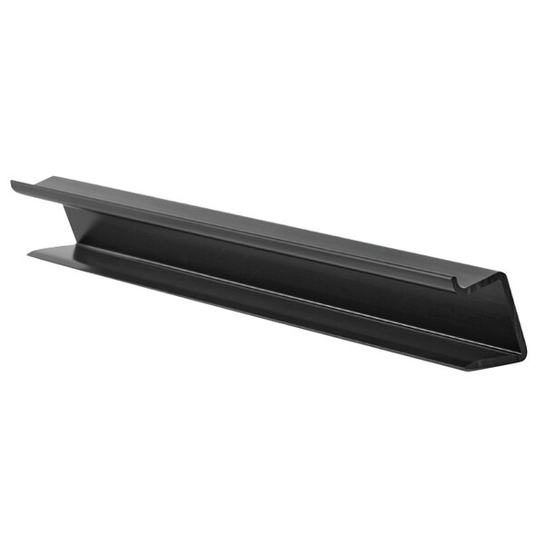 A black metal shelf mounting strip with a long handle.