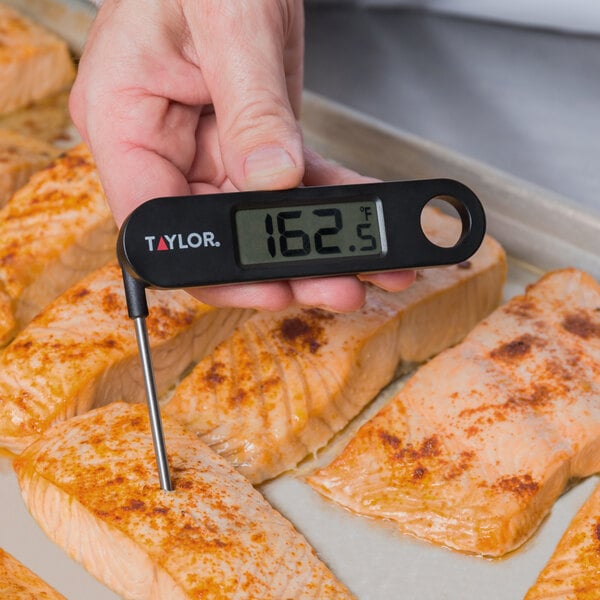 A person using a Taylor digital probe thermometer to measure the temperature of fish.