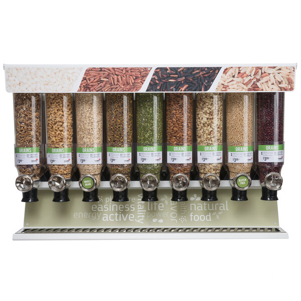 A Rosseto dry food dispenser filled with different types of grains in glass containers.