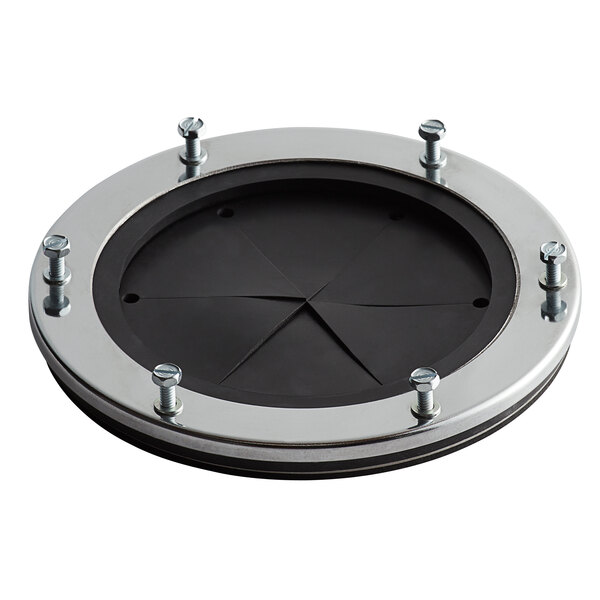 A circular InSinkErator disposer adapter with a black and silver design and screws.