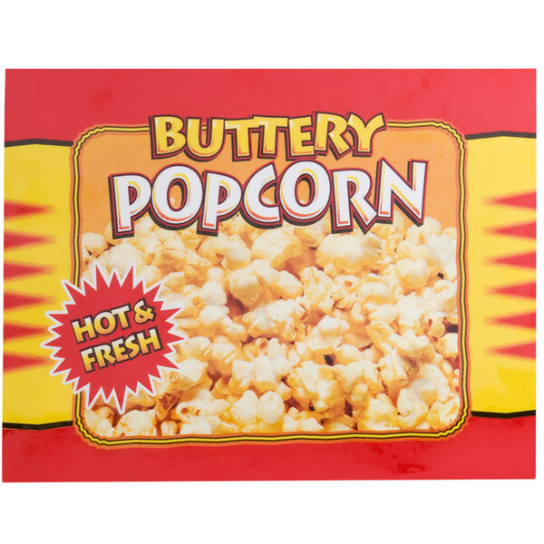 A box of buttery popcorn with a red and yellow label.