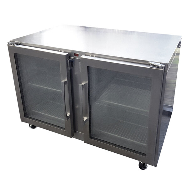 A stainless steel Traulsen undercounter refrigerator with left and right hinged glass doors.