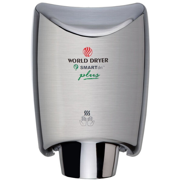 A World Dryer SMARTdri Plus hand dryer with a brushed stainless steel finish.