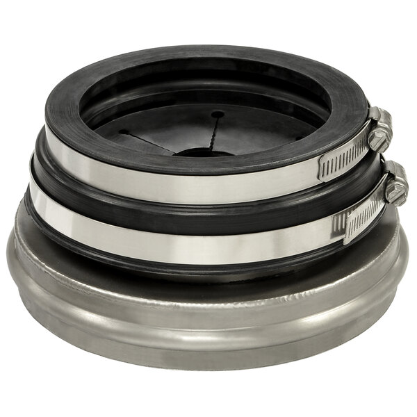 A black and silver Salvajor disposer adapter with stainless steel and black rubber parts.