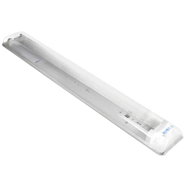 A long rectangular Norlake vapor proof fluorescent light fixture with a white cover