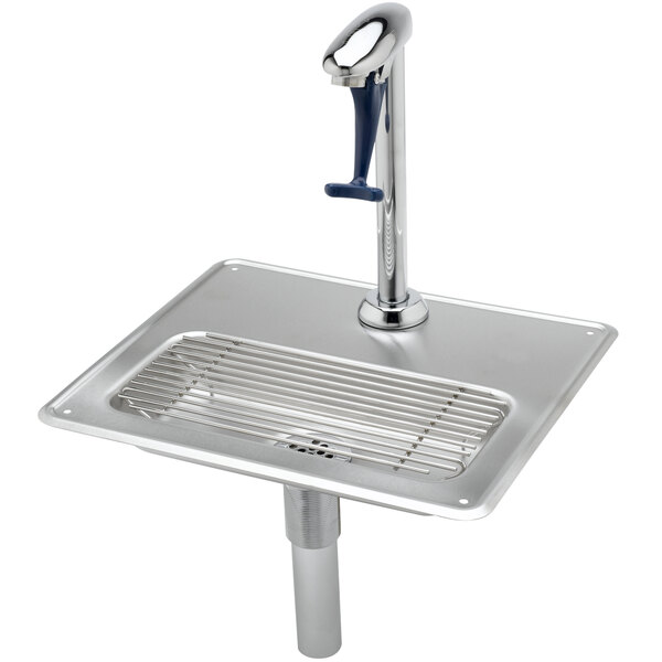 A stainless steel T&S water station with a glass filler and drip pan.