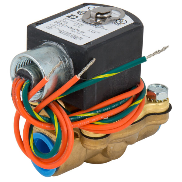 A Hobart solenoid valve with green and orange wires.