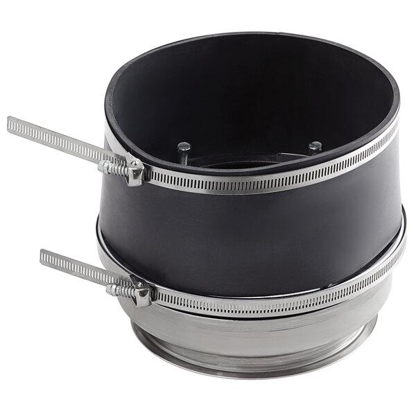 A black and silver circular InSinkErator disposer adapter with metal straps.
