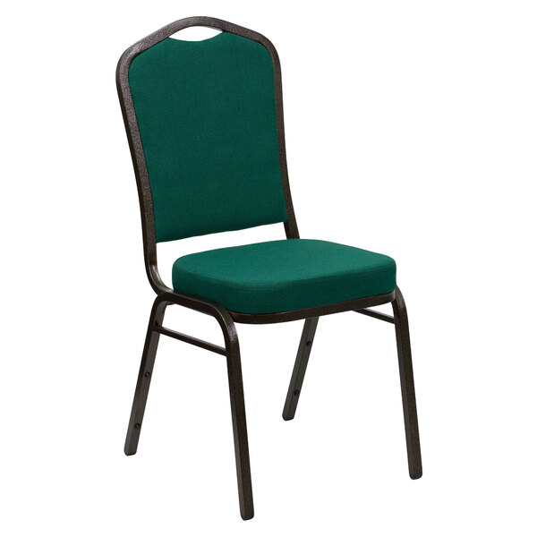A green Flash Furniture banquet chair with a gold vein frame.