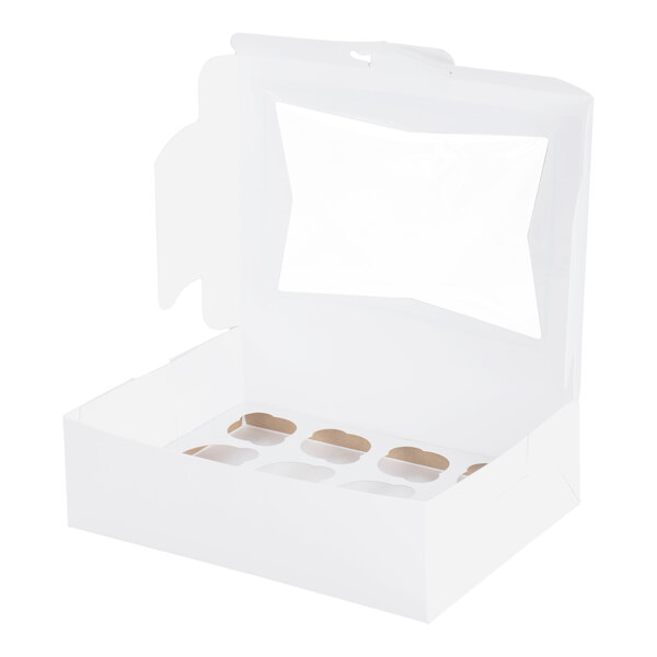 A white cupcake or muffin box with a clear window and a 12-slot reversible insert.