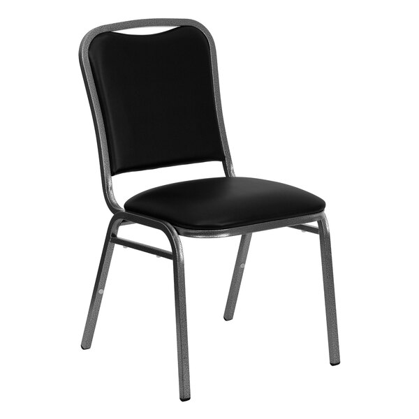 A Flash Furniture black vinyl banquet chair with silver metal legs.