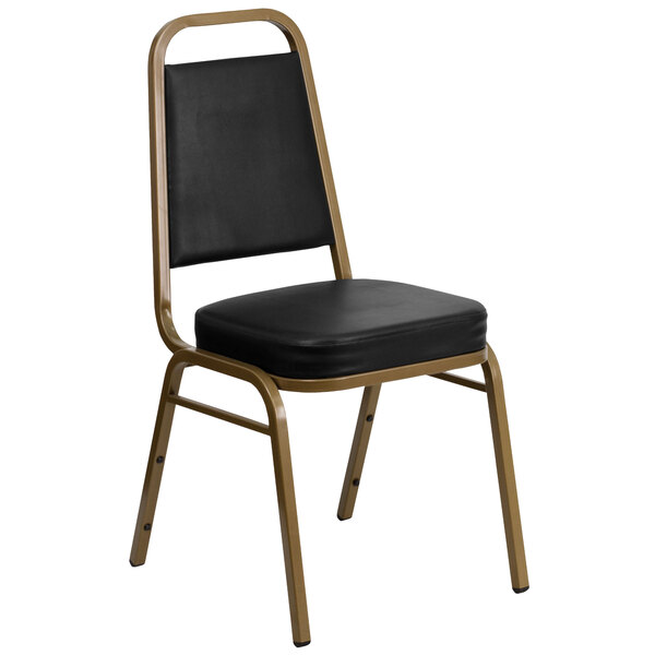 Flash Furniture FD-BHF-1-ALLGOLD-BK-GG Hercules Black Vinyl Trapezoidal Back Stackable Banquet Chair with Gold Frame