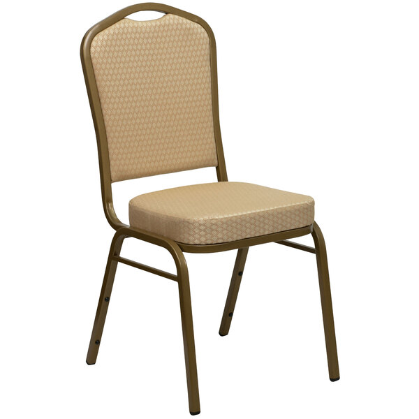A Flash Furniture beige banquet chair with a cushion and gold frame.