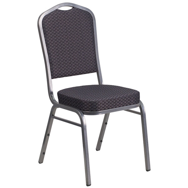 A Flash Furniture banquet chair with a black pattern fabric cushion and silver metal frame.