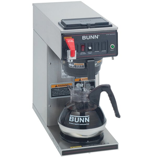 A Bunn automatic coffee maker with a black plastic funnel.