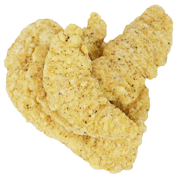 A pile of Brakebush chicken tender fritters on a white background.