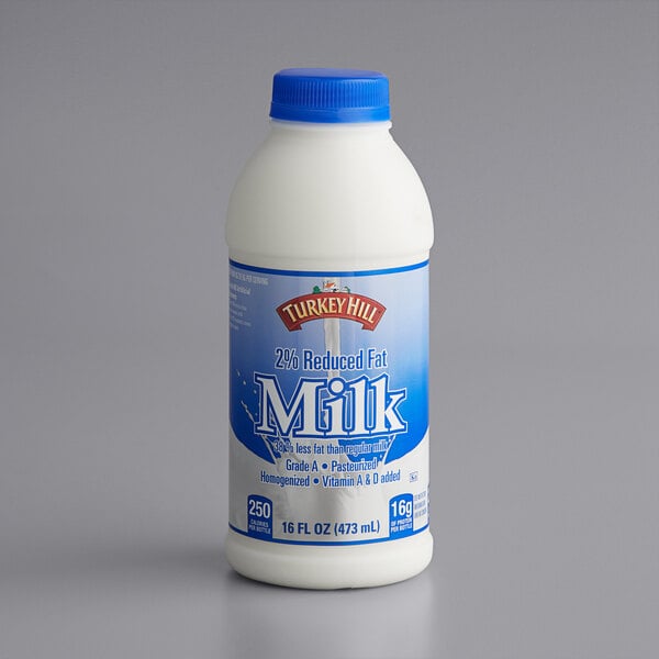 A close up of a Turkey Hill 2% reduced fat milk bottle with a blue label.