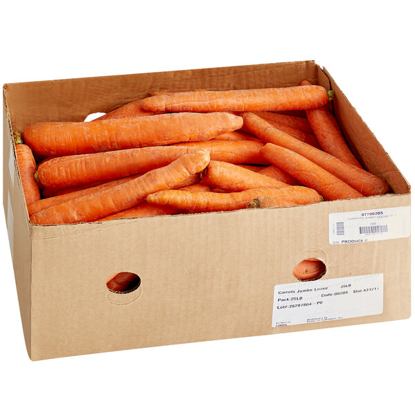 A box of loose jumbo carrots.