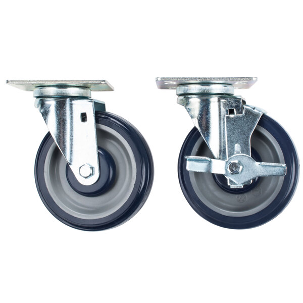 A set of two black and gray Cooking Performance Group casters with rubber wheels.
