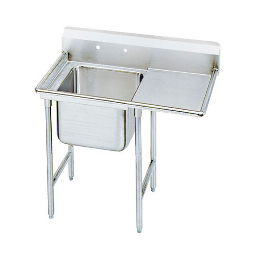 A stainless steel Advance Tabco one compartment pot sink with right drainboard.