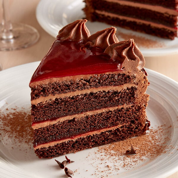 A slice of Pellman raspberry chocolate cake on a plate.